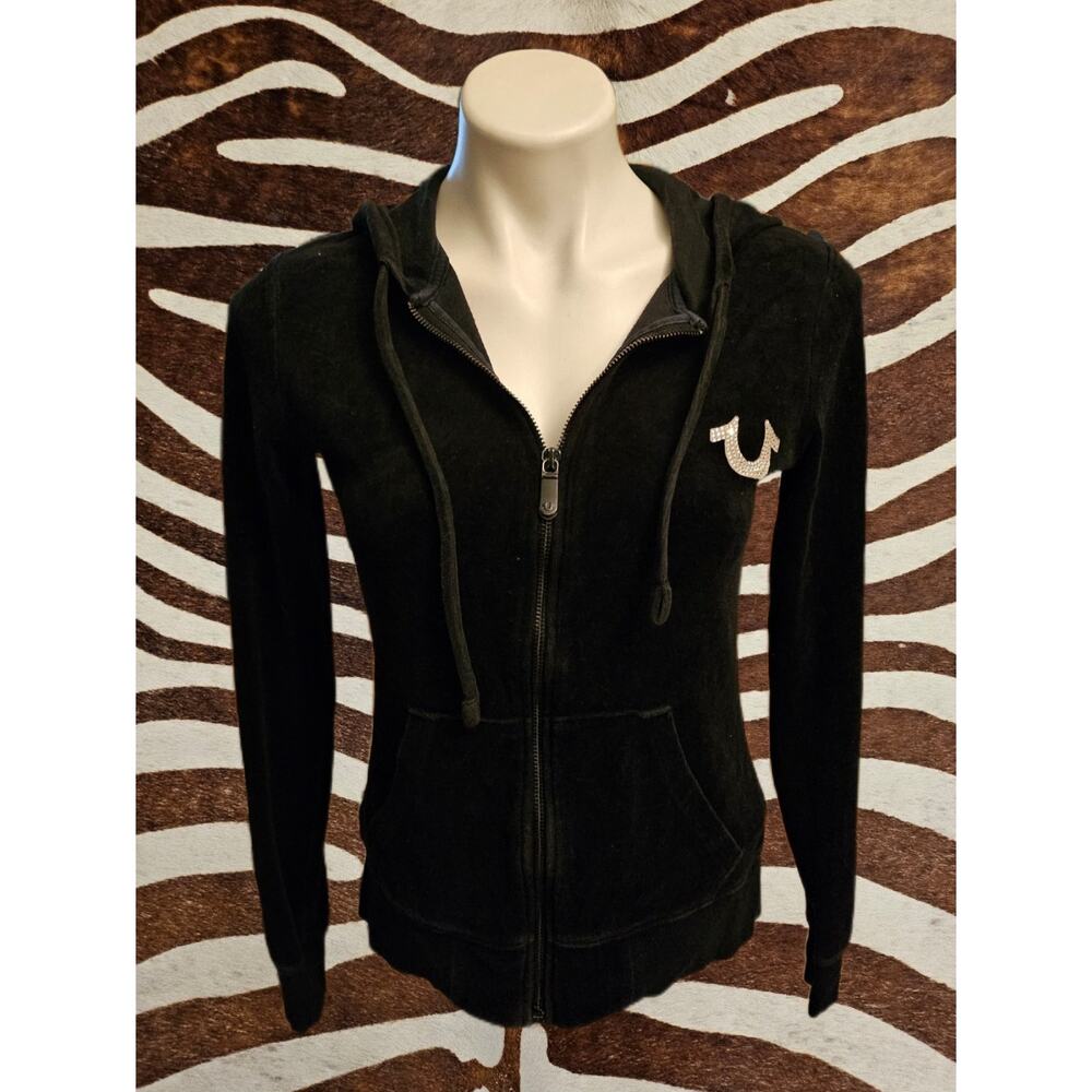 Y2K True Religion Hoodie Womens Black Velour Graphic Rhinestones Zip Ladies Xs - Picture 2 of 7